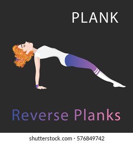 Girl doing plank, yoga. Isolate background. Fitness exercising for woman. Reverse plank