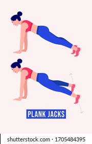 Girl doing  Plank-Jacks exercise, Woman workout fitness, aerobic and exercises. Vector Illustration.