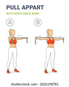 Girl Doing Pull Appart Home Workout Exercise with Resistance Band Guidance. Woman in Sportswear Do Fitness Exercise with Rubber Band Equipment.