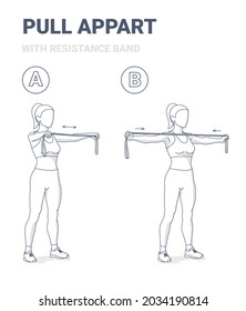 Girl Doing Pull Appart Home Workout Exercise with Resistance Band Guidance. Woman in Sportswear Do Fitness Exercise with Rubber Band Equipment.