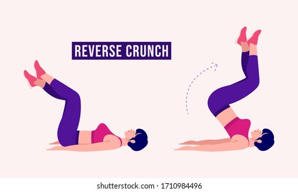 Girl doing REVERSE CRUNCH exercise, Woman workout fitness, aerobic and exercises. Vector Illustration.