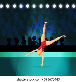 Girl doing Rhythmic Gymnastics on shiny stadium. Sportswoman in a red sports uniform doing a somersault. Flat cartoon vector illustration