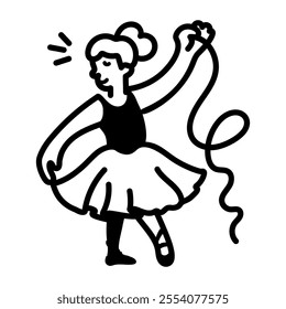 A girl doing ribbon dance, hand drawn icon 
