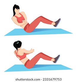 Girl doing russian twist exercise in 2 step, workout position which targets the abdominals.