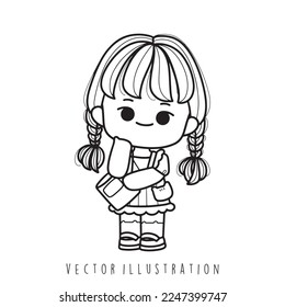 Girl doing school activities, girl student outline. Vector illustration