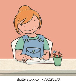 Girl Doing School Homework, Left Handed, Character Design, Vector Illustration