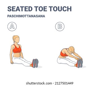 Girl Doing Seated Toe Touch Home Workout Exercise. Seated Forward Bend Woman Fitness Exercise Guidance. Female Stretching Routine Paschimottanasana Yoga Pose.