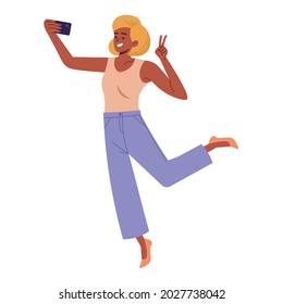 Girl doing selfie, Dark skin girl holding smartphone and making selfie in vertor illustration flat style