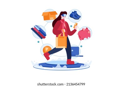 Chica haciendo compras usando el concepto VR Tech Illustration. Ilustración plana aislada en fondo blanco.