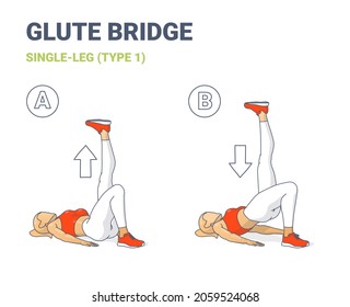 Girl Doing Single Leg Glute Bridge Home Workout Exercise Guidance. Fitness Woman Performing Aerobic Exercises For Weight Loss And Abs Training. Vector Illustration.