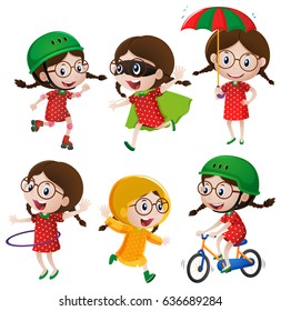 Girl doing six different activities illustration