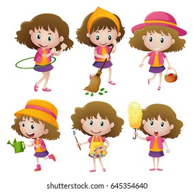 Girl doing six different activities illustration