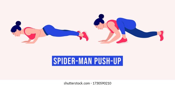 Girl Doing Spiderman Push Up Exercise, Woman Workout Fitness, Aerobic And Exercises. Vector Illustration.