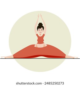 Girl doing the splits with raised hands and a satisfied face. Vector illustration