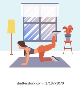 A girl is doing sport at home. Vector flat illustration of fitness workout, training, sports activity, the gym at home in quarantine