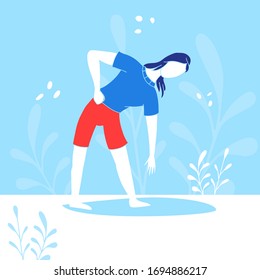 Girl doing sport vector flat illustration. Woman in sport clothes on blue background hand drawn concept.