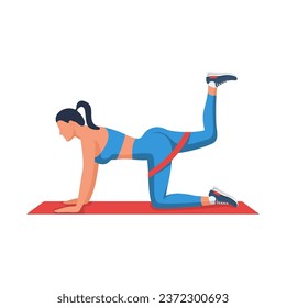 Girl doing sports exercises for buttocks with resistance band. Slender beautiful female body. Fitness and aerobics. Sports training. Active lifestyle. Vector illustration flat design. Fitness woman.