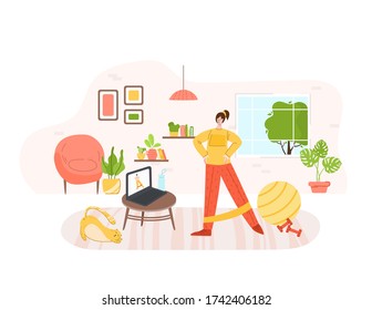 The girl doing sports exercises at home with trainer by internet - online training or workout concept. Home fitness for people health. Indoor sport with chair and other home equipment - vector