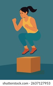 Girl doing sports. Jumping on a cube. Vector stock illustration eps10.