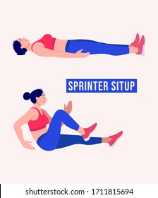 Girl doing Sprinter Situp exercise, Woman workout fitness, aerobic and exercises. Vector Illustration.
