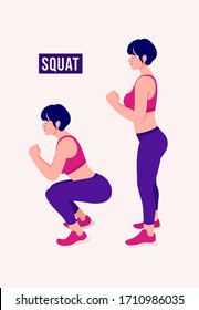 Girl doing SQUAT exercise, Woman workout fitness, aerobic and exercises. Vector Illustration.