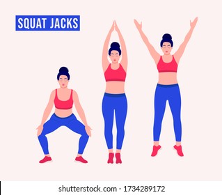 Girl doing Squat Jacks exercise, Woman workout fitness, aerobic and exercises. Vector Illustration.