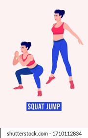 Chica haciendo ejercicios de Salto del Squat, gimnasia de entrenamiento de la mujer, aeróbic y ejercicios. Ilustración vectorial.
