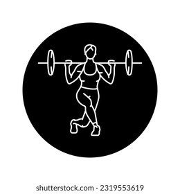 Girl doing squats with barbell with black line icon. Pictogram for web page, mobile app, promo.