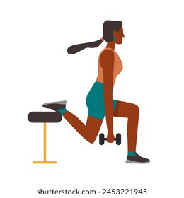 Girl doing squats with dumbbells. Girl with sport equipment, fitness gym accessories flat vector illustration