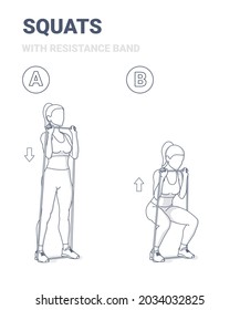 Girl Doing Squats Home Workout Exercise with Resistance Band Guidance. Woman in Sportswear Do Fitness Exercise with Rubber Band Equipment.