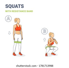 Girl Doing Squats With Resistance Band Silhouettes. Squatting Athletic Young Woman Does Elastic Band Workout Exercise