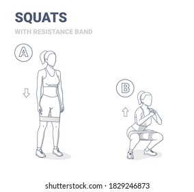 Girl doing Squats with Resistance Band Silhouettes. Squatting Athletic Young Woman in Sportswear Top, Leggings, and Sneakers Does Butt Workout Exercise with Rubber Elastic Band.