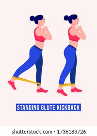 Girl doing Standing Glute Kickback exercise, Woman workout fitness, aerobic and exercises. Vector Illustration.