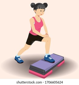 girl doing step exercise. Active and healthy lifestyle. Step aerobics or workout. Isolated flat vector illustration.