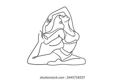 Chica haciendo estiramiento de arte de línea continua dibujo aislado sobre fondo blanco. Dibujo de arte de línea de meditación. Ilustración vectorial
