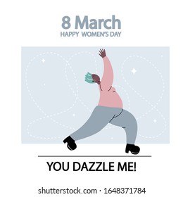Girl is doing a stretching or dancing. The 8 of the March geeting card. Happy women's day vector illustration.