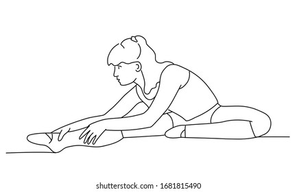 Girl doing stretching exercises. Sports. Line drawing vector illustration.