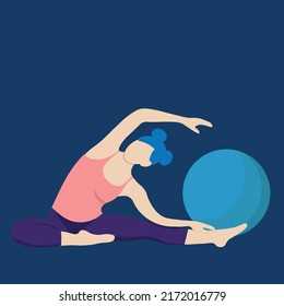 Girl doing stretching, flat vector, healthy lifestyle, blue background, faceless illustration
