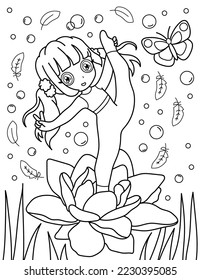 The girl is doing stretching in the meadow. Coloring book with a girl gymnast. Sport. Black and white vector illustration.