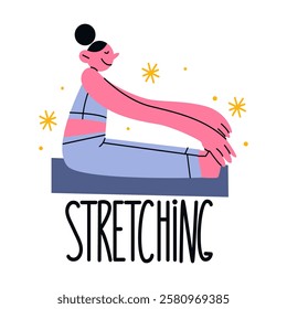 Girl doing stretching and yoga. Slender, young, active sporty girl in a relaxing pose. Healthy lifestyle, fitness and meditation. Retro cartoon style