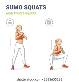 Girl Doing Sumo Squats. Woman Bodyweight Home Workout Guidance. Female Doing Wide Stance Squats Instruction
