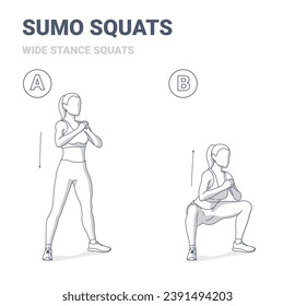 Girl Doing Sumo Squats. Woman Bodyweight Home Workout Guidance. Female Doing Wide Stance Squats Instruction