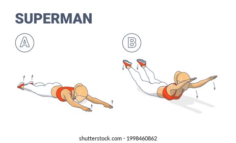 Girl Doing Superman Exercise Fitness Home Workout Guidance Illustration. Lying Back Woman Exercise. Vector Concept.