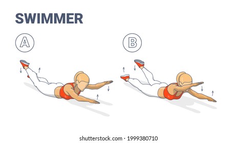 Girl Doing Swimmers Exercise Fitness Home Workout Guidance Illustration. Lying Back Woman Exercise. Vector concept.