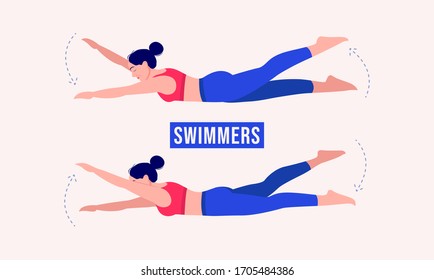 Niña haciendo ejercicio en bañistas, ejercicios de fitness de la mujer, aeróbic y ejercicios. Ilustración vectorial.