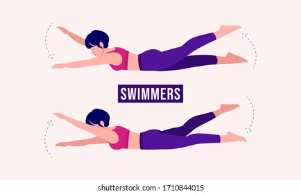 Girl doing Swimmers exercise, Woman workout fitness, aerobic and exercises. Vector Illustration.