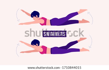 Girl doing Swimmers exercise, Woman workout fitness, aerobic and exercises. Vector Illustration.