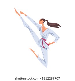 Girl Doing Swing Kick, Female Karate Fighter Character in White Kimono Practicing Traditional Japan Martial Art Cartoon Style Vector Illustration