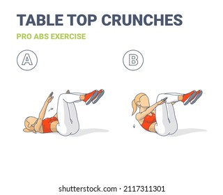 Girl Doing Table Top Crunch Exercise Guide. Colorful Concept of Woman Working at Home on Her Abs Doing Double Crunches Exercise in Two Stages.