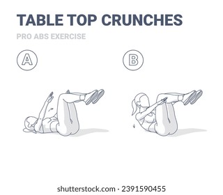 Girl Doing Table Top Crunch Exercise Guide. Black and White Outlined Concept of Woman Working at Home on Her Abs Doing Double Crunches Exercise in Two Stages.